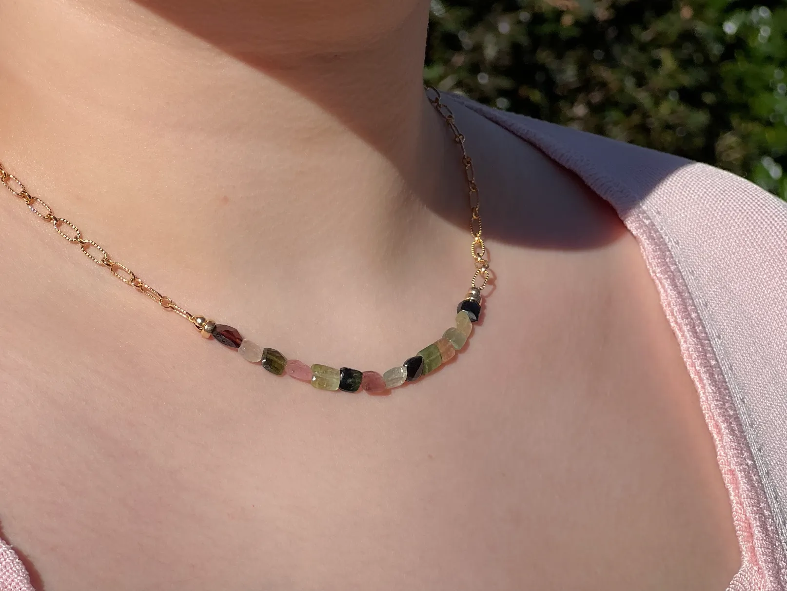 Tourmalines on Gold Filled Textured Paperclip Chain