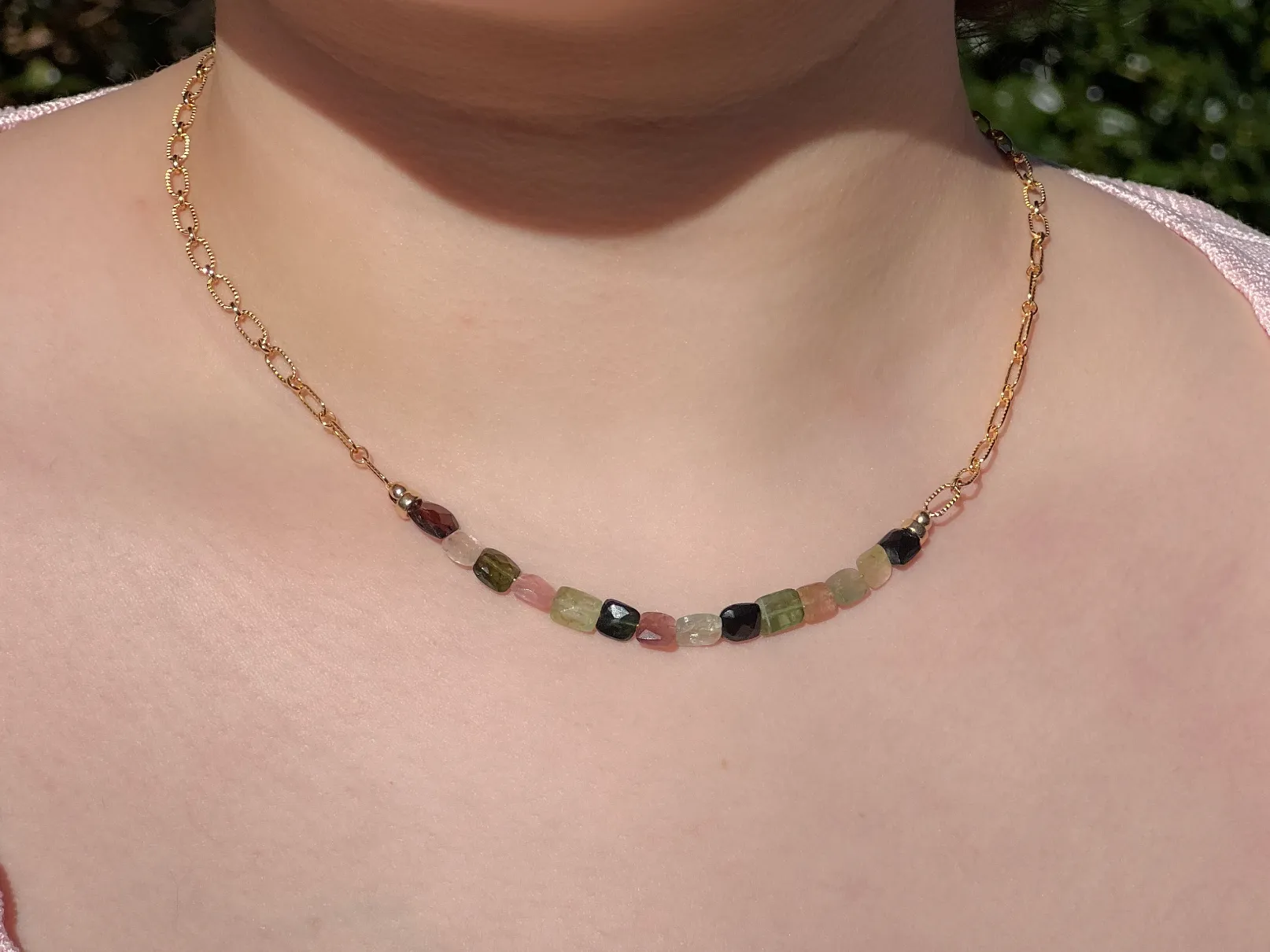 Tourmalines on Gold Filled Textured Paperclip Chain
