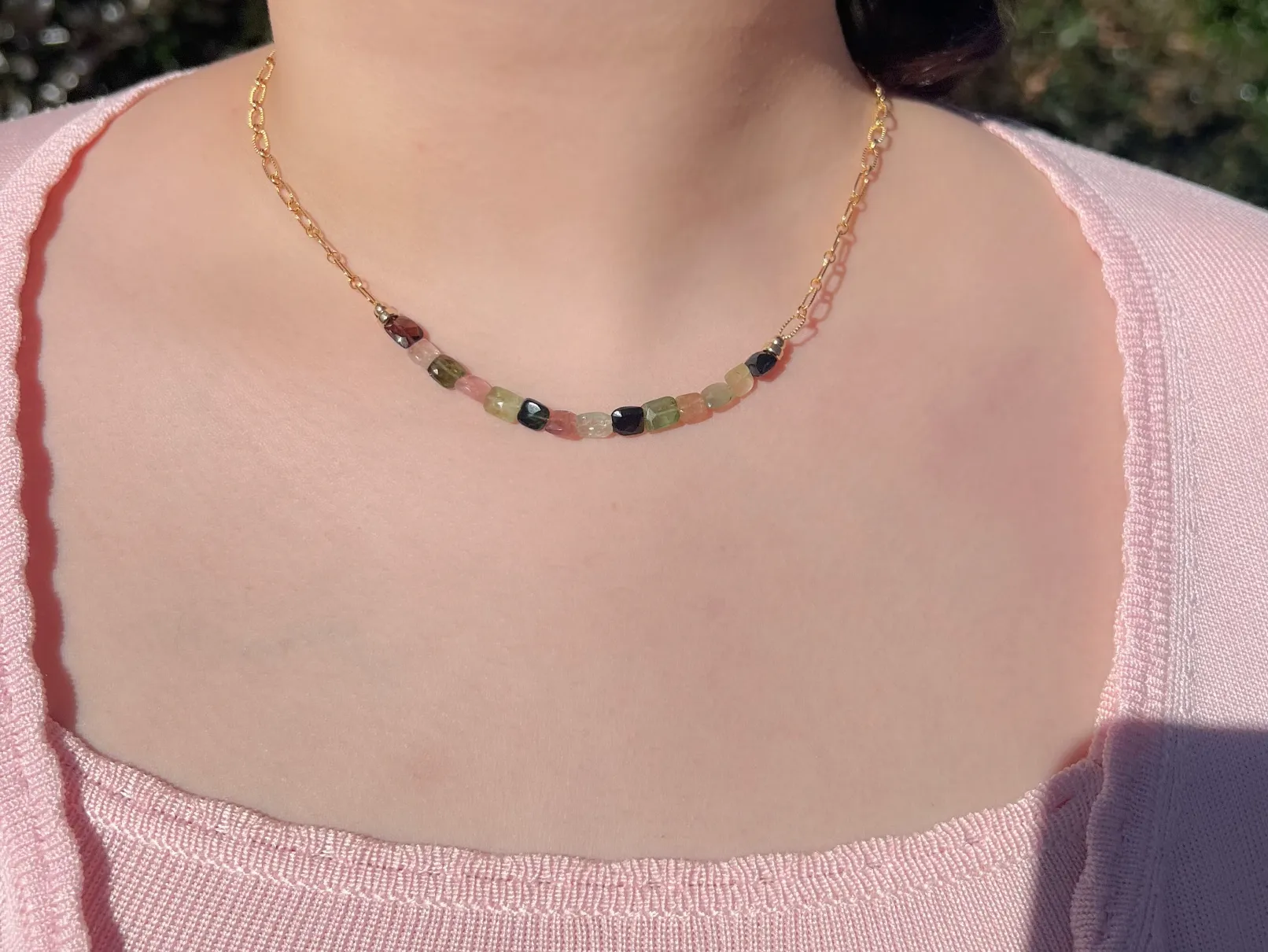 Tourmalines on Gold Filled Textured Paperclip Chain