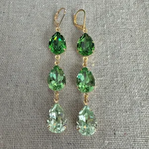 Triple Pear Long Lever Back Earrings • Green Ombre