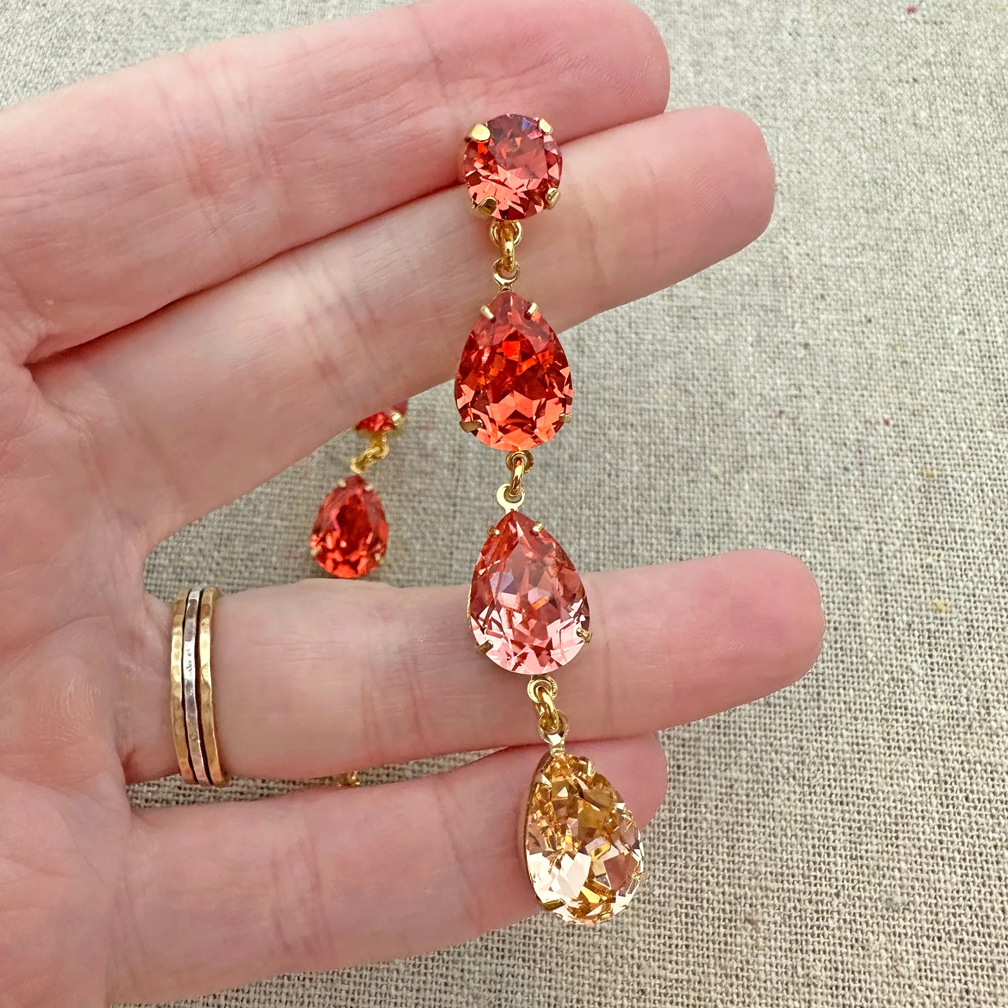 Triple Pear Long Post Earrings • Coral   Peach Ombre