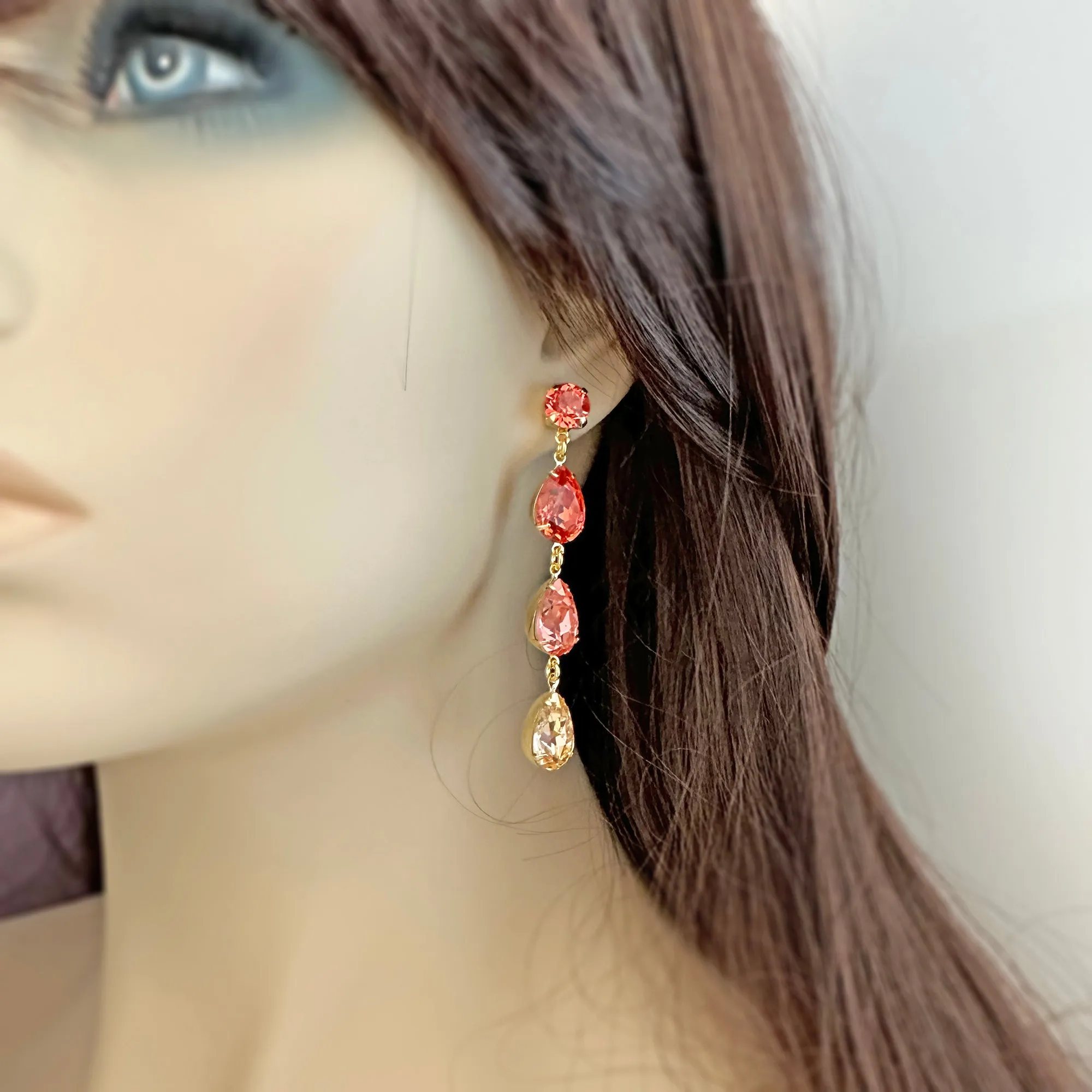 Triple Pear Long Post Earrings • Coral   Peach Ombre