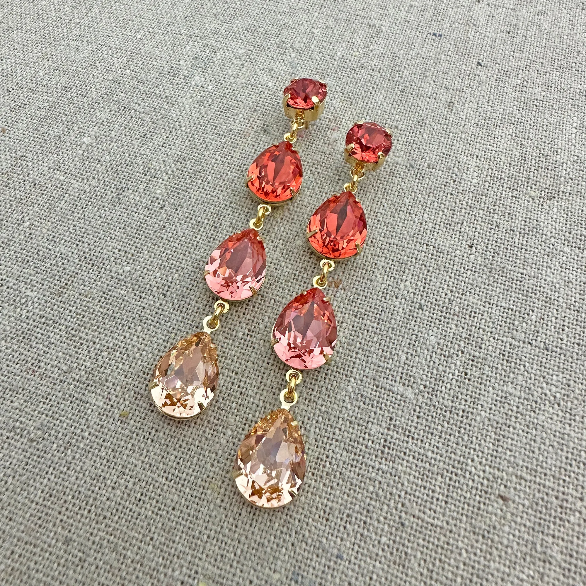 Triple Pear Long Post Earrings • Coral   Peach Ombre