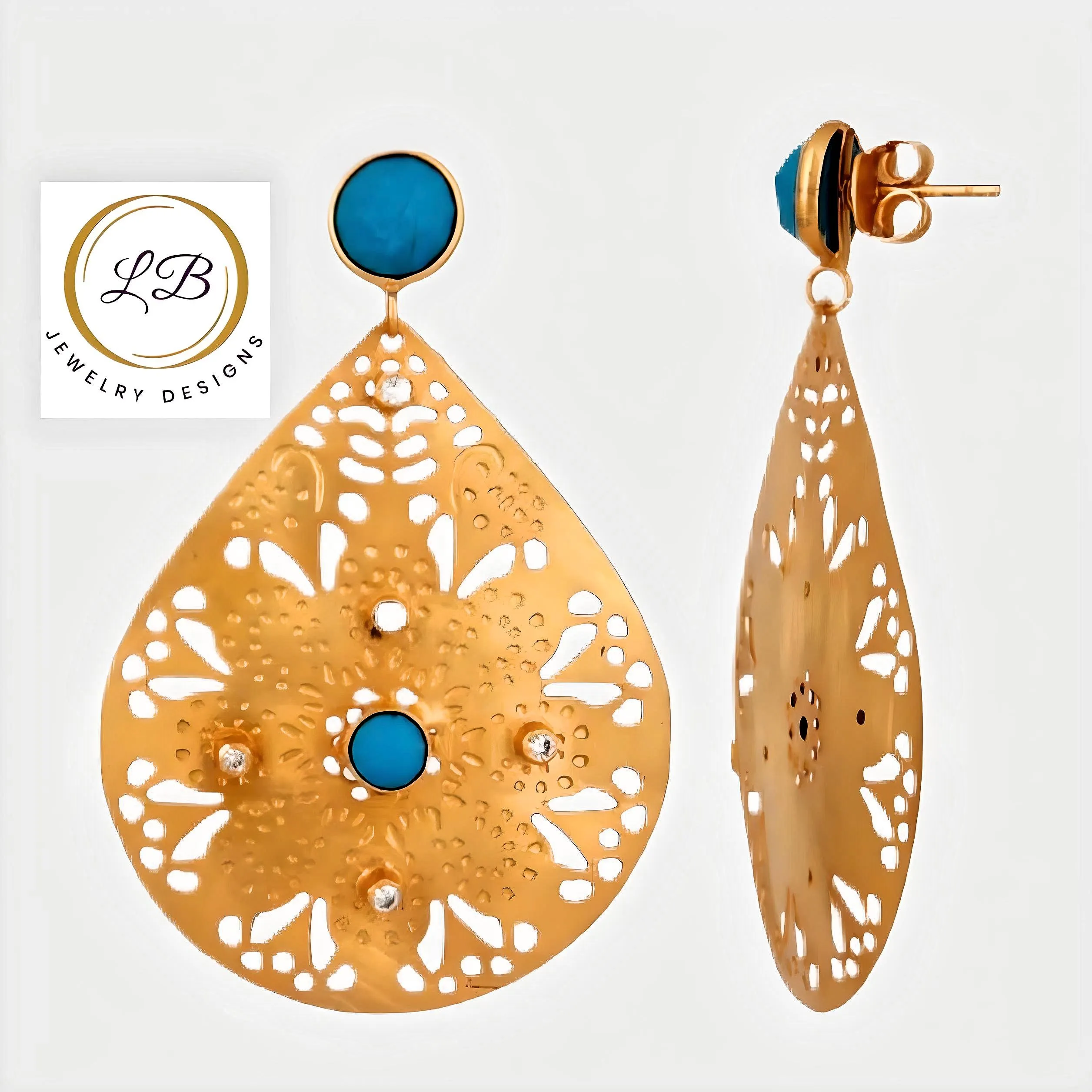 Turquoise & White Cz Gold Statement Dangle Earrings 2.28"