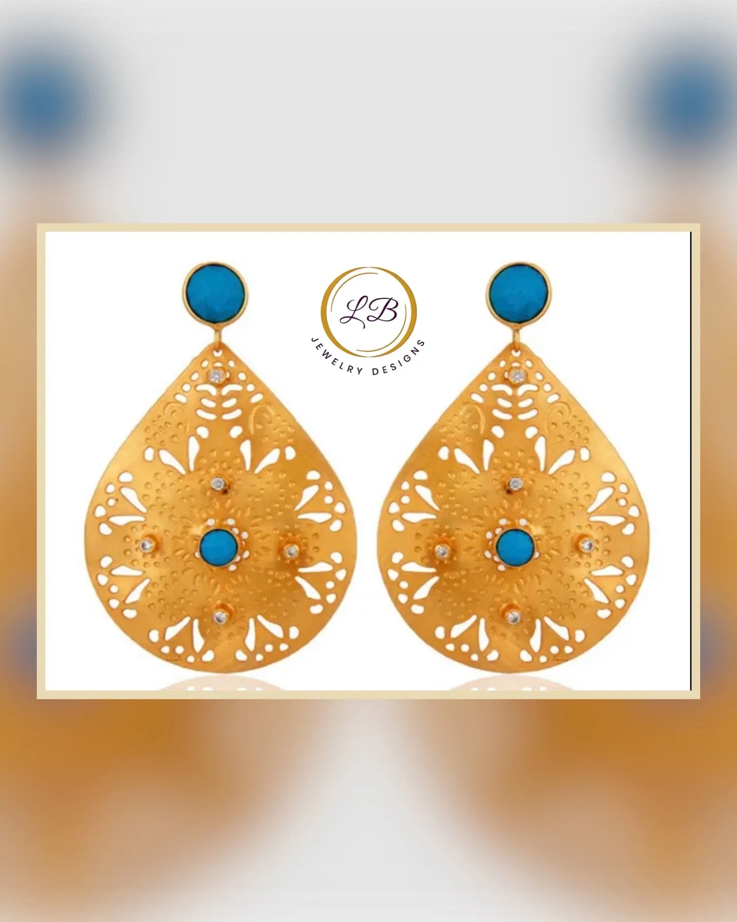 Turquoise & White Cz Gold Statement Dangle Earrings 2.28"