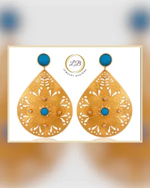 Turquoise & White Cz Gold Statement Dangle Earrings 2.28"