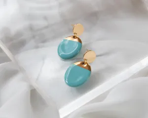 Turquoise and Gold Porcelain Oval Drop Earrings