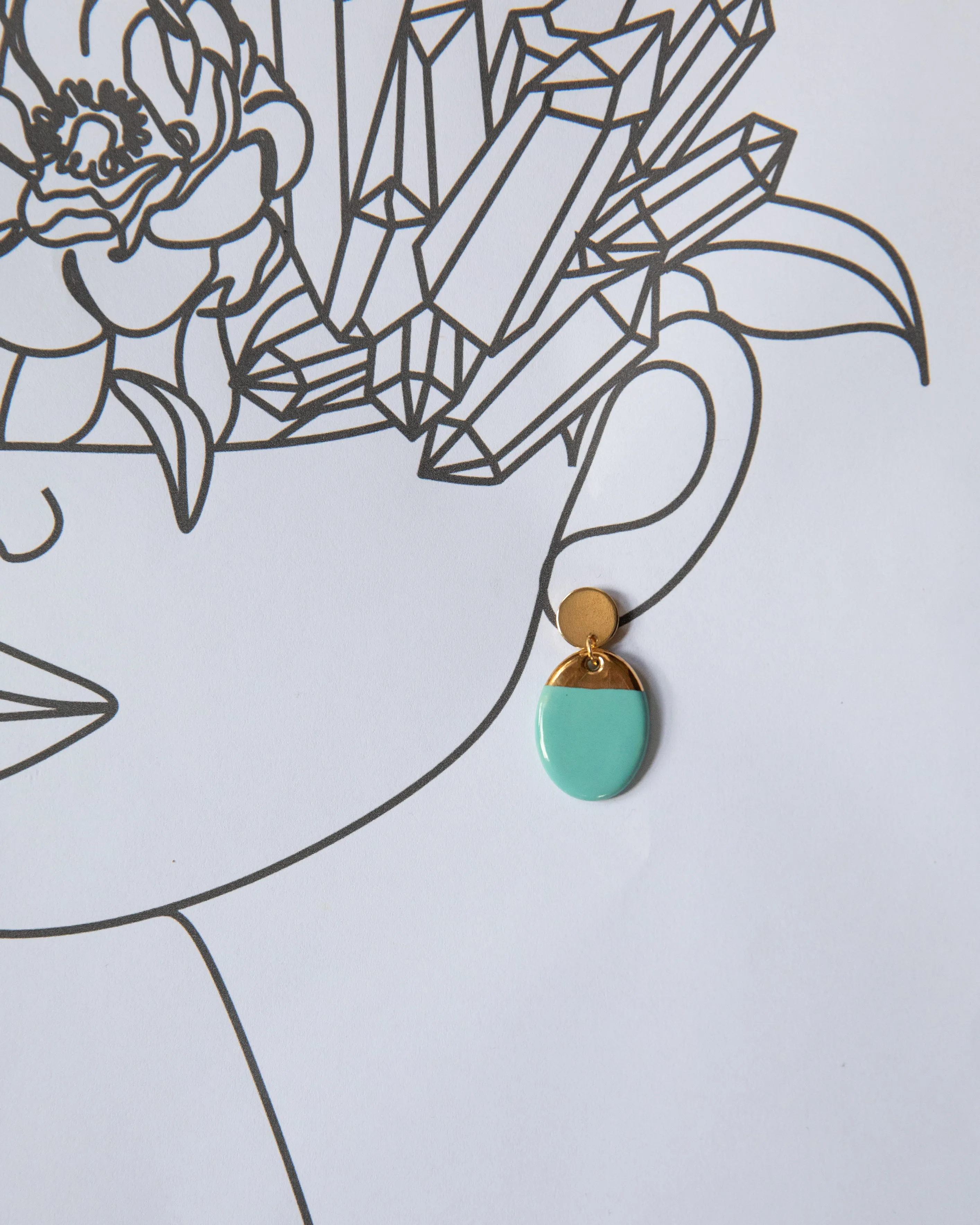 Turquoise and Gold Porcelain Oval Drop Earrings