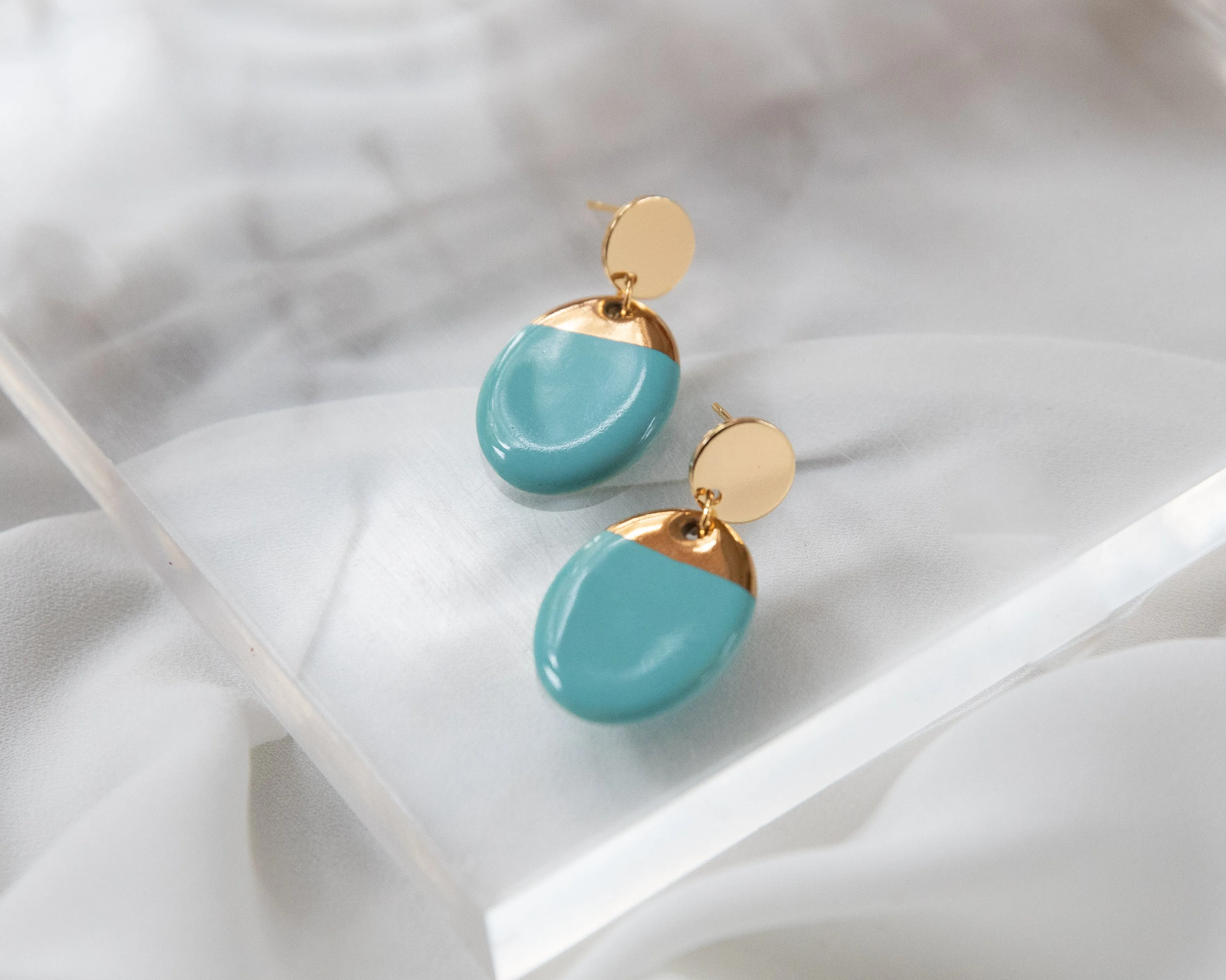 Turquoise and Gold Porcelain Oval Drop Earrings
