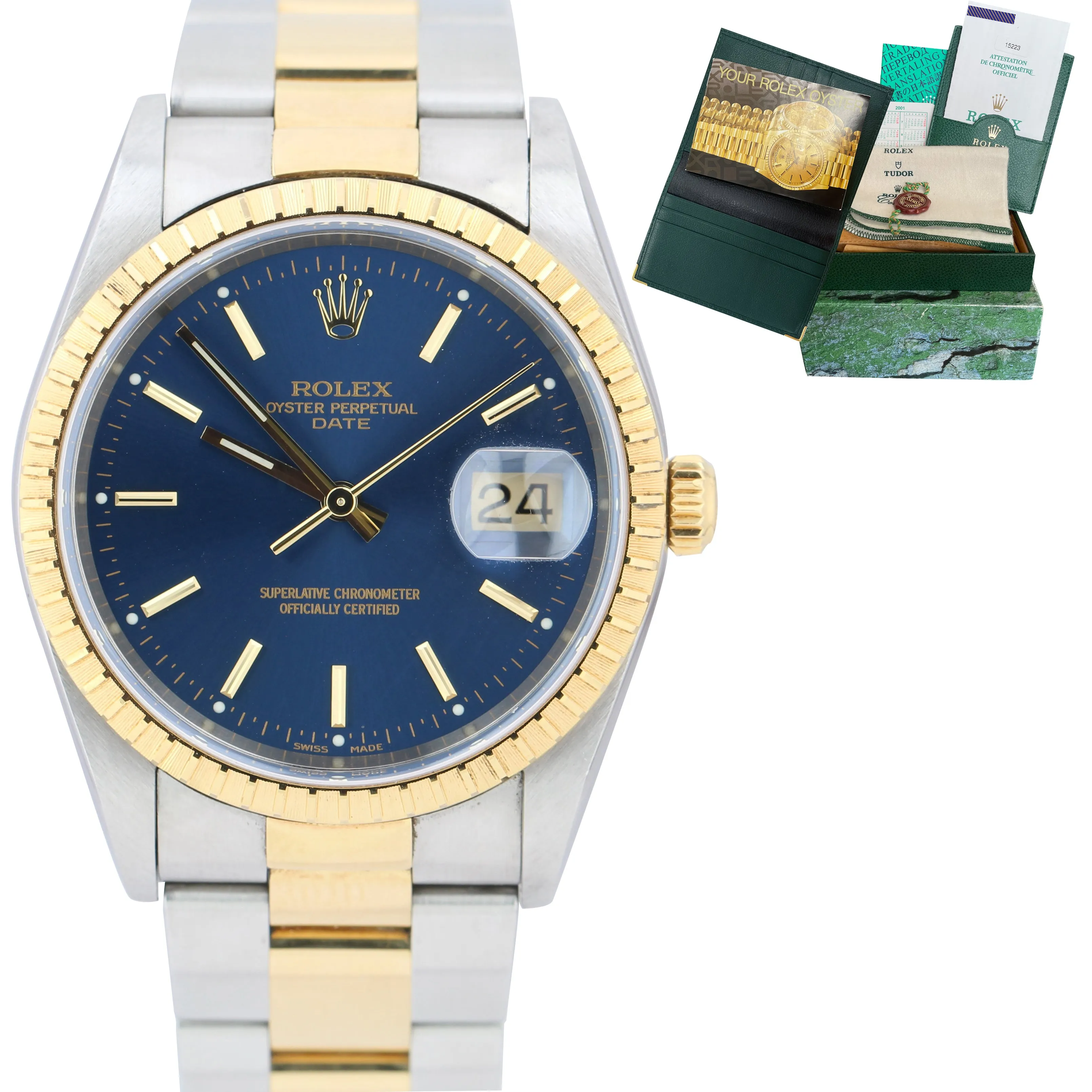 UNPOLISHED 2000 Rolex Date 15223 34mm BLUE Two-Tone Gold Steel Watch BOX PAPERS