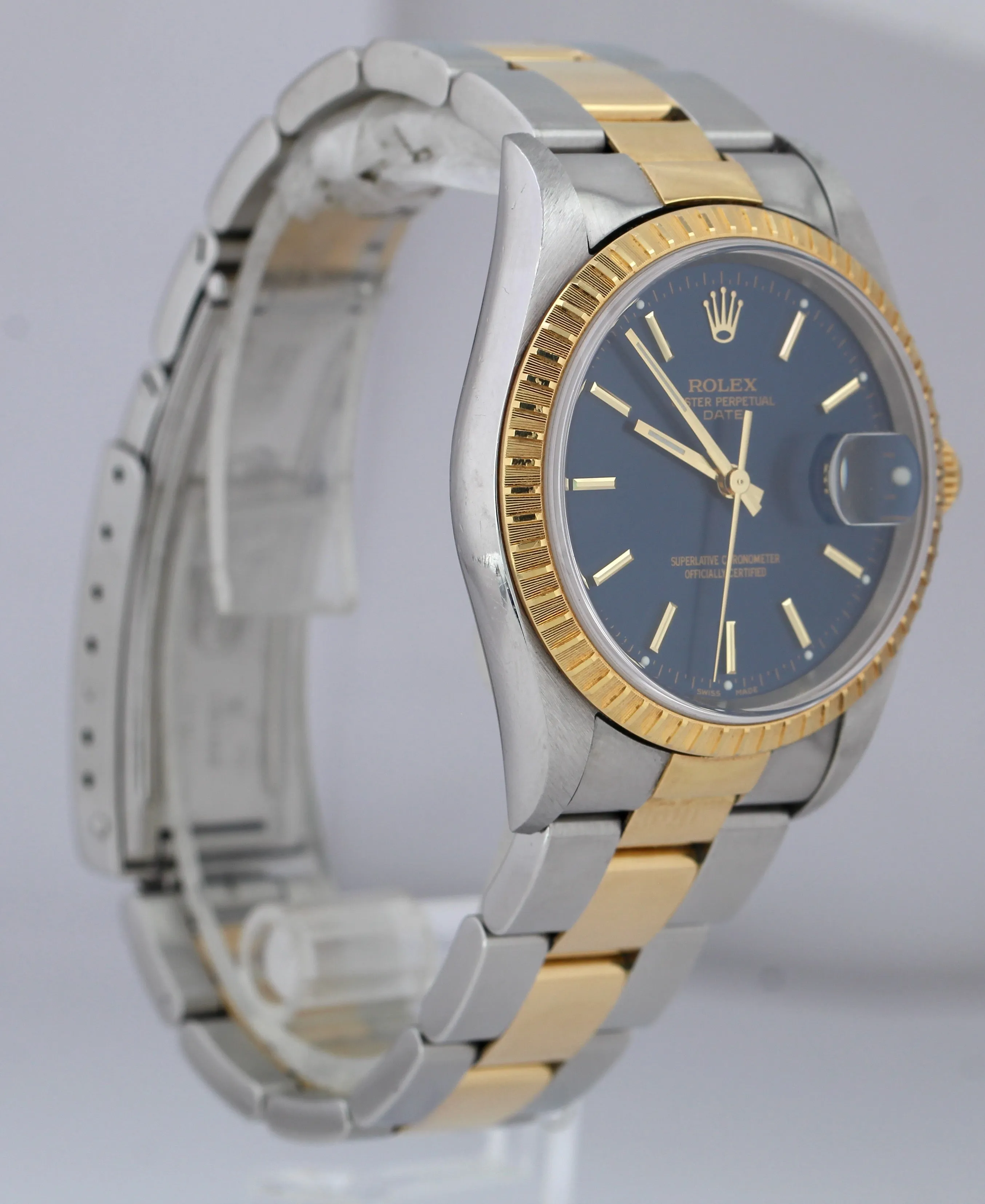 UNPOLISHED 2000 Rolex Date 15223 34mm BLUE Two-Tone Gold Steel Watch BOX PAPERS
