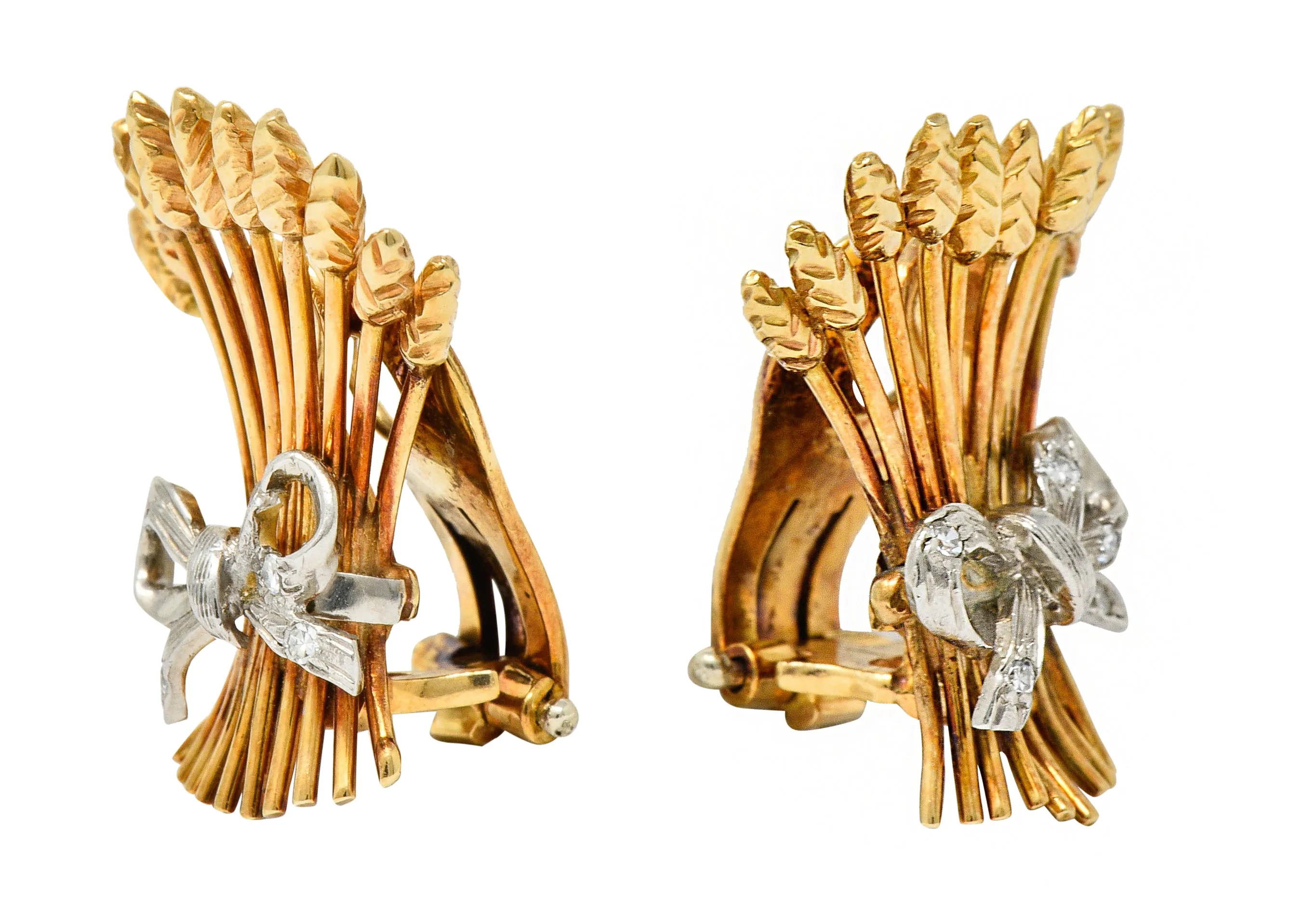 Verdura Retro Diamond 14 Karat Gold Wheat Earrings & Brooch
