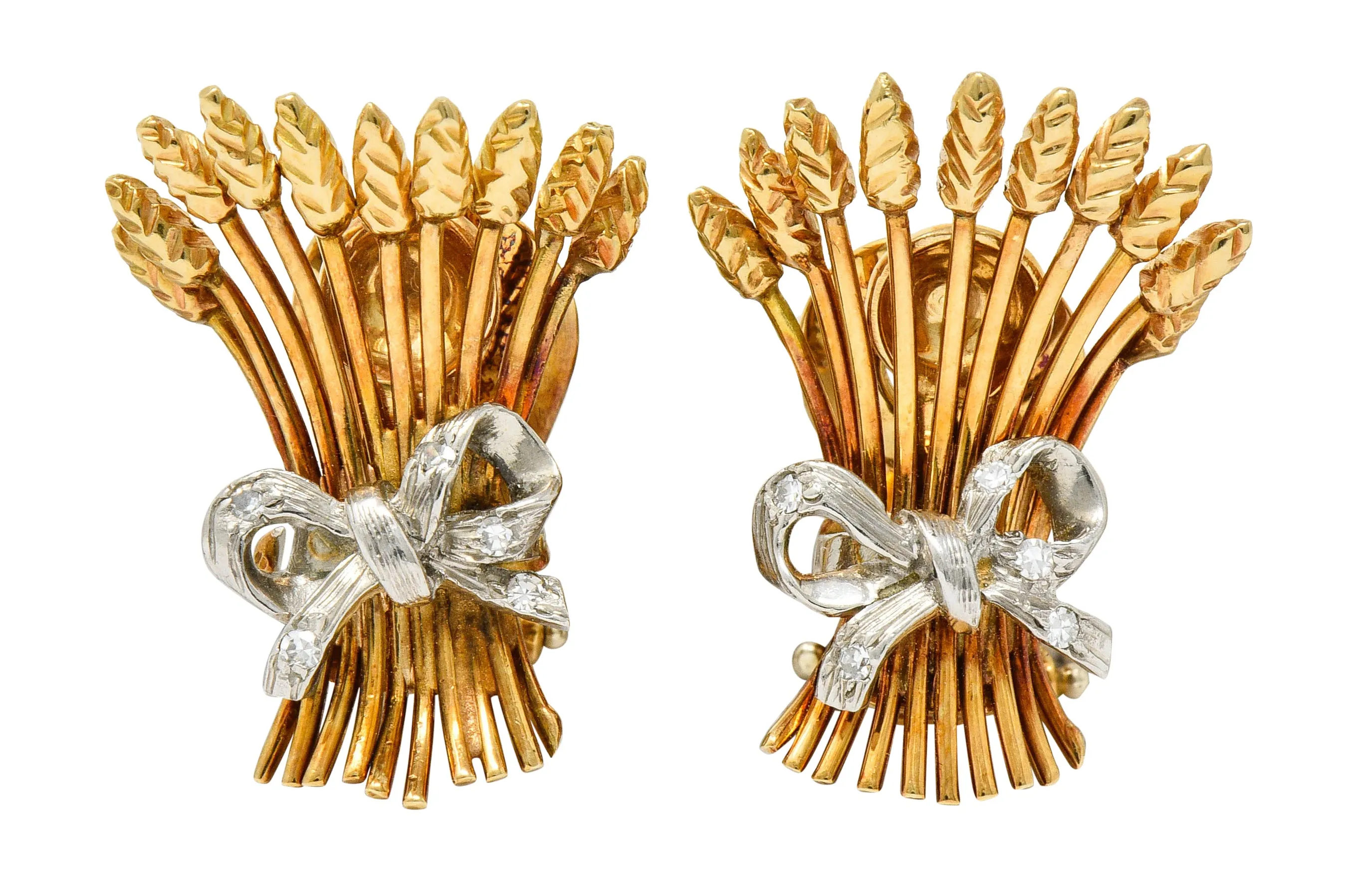Verdura Retro Diamond 14 Karat Gold Wheat Earrings & Brooch