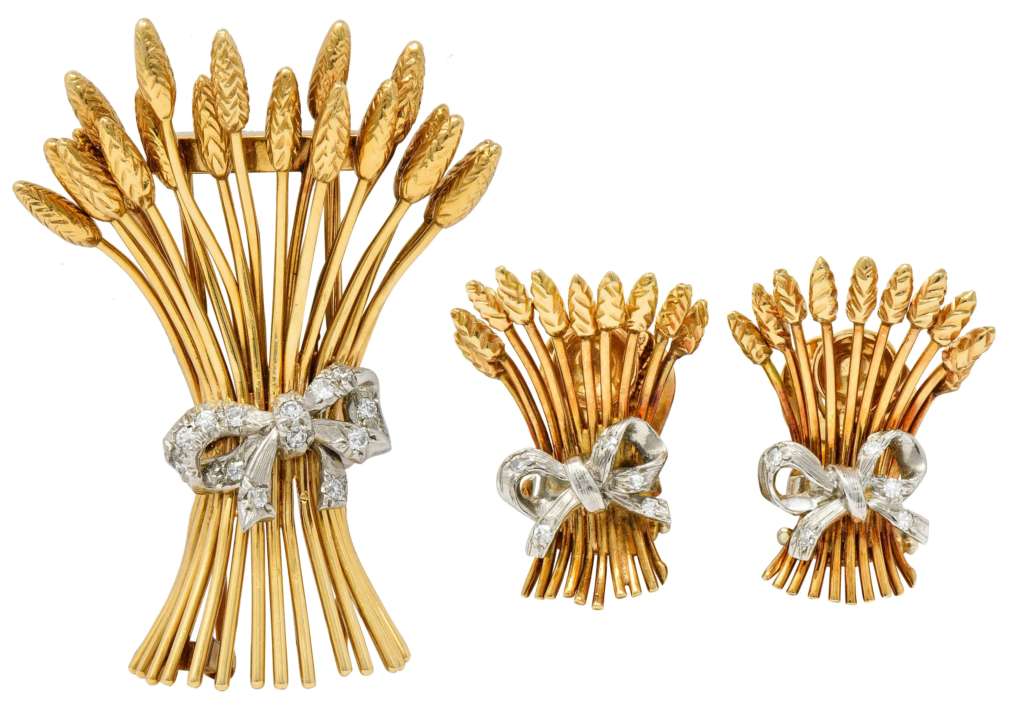 Verdura Retro Diamond 14 Karat Gold Wheat Earrings & Brooch