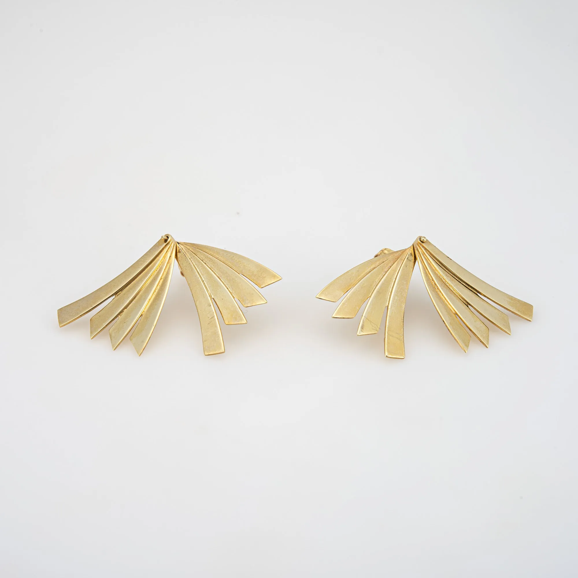 Vintage 80s Fan Earrings 14k Yellow Gold Drops Estate Fine Movable Jewelry