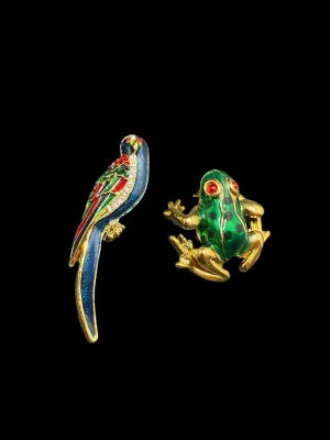 Vintage Animal Brooches Frog Bird Pins Rhinestone Enamel Gold Tone