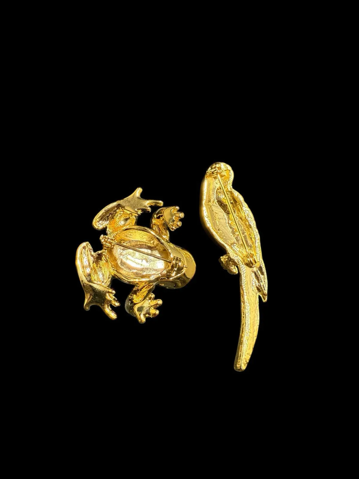 Vintage Animal Brooches Frog Bird Pins Rhinestone Enamel Gold Tone