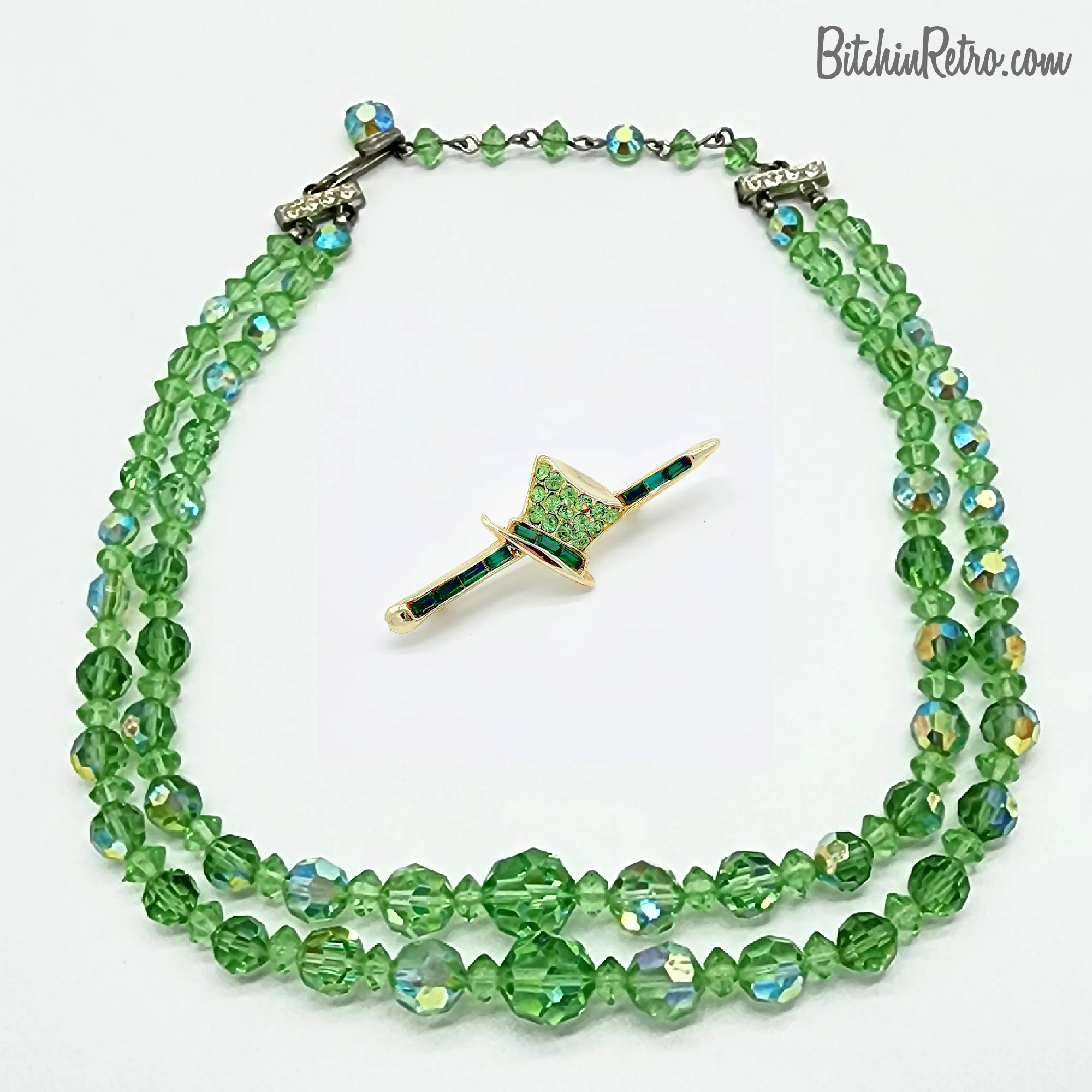 Vintage Aurora Borealis Glass Beaded Necklace With Top Hat & Cane Brooch