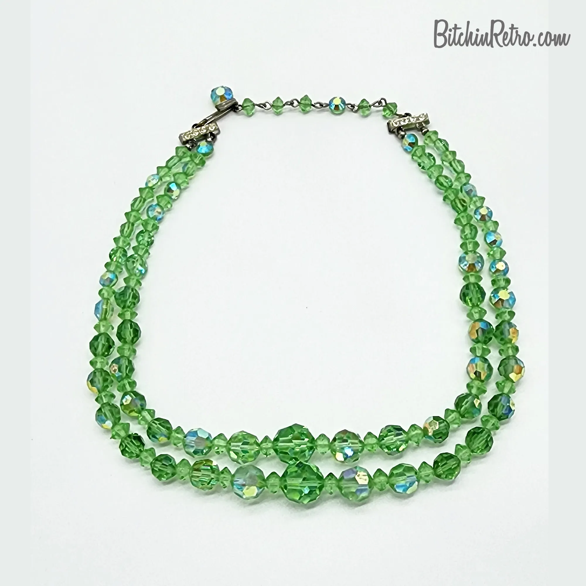 Vintage Aurora Borealis Glass Beaded Necklace With Top Hat & Cane Brooch