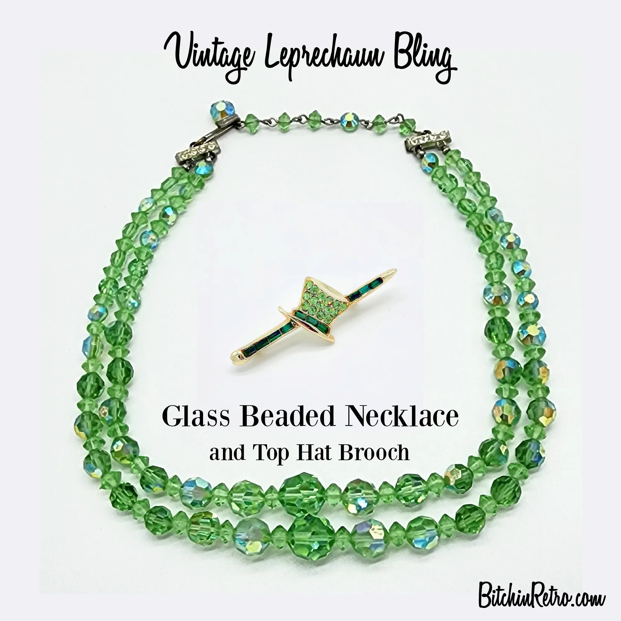 Vintage Aurora Borealis Glass Beaded Necklace With Top Hat & Cane Brooch