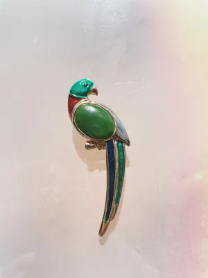 Vintage Colourful Enamel Parrot Brooch With Jade Centre
