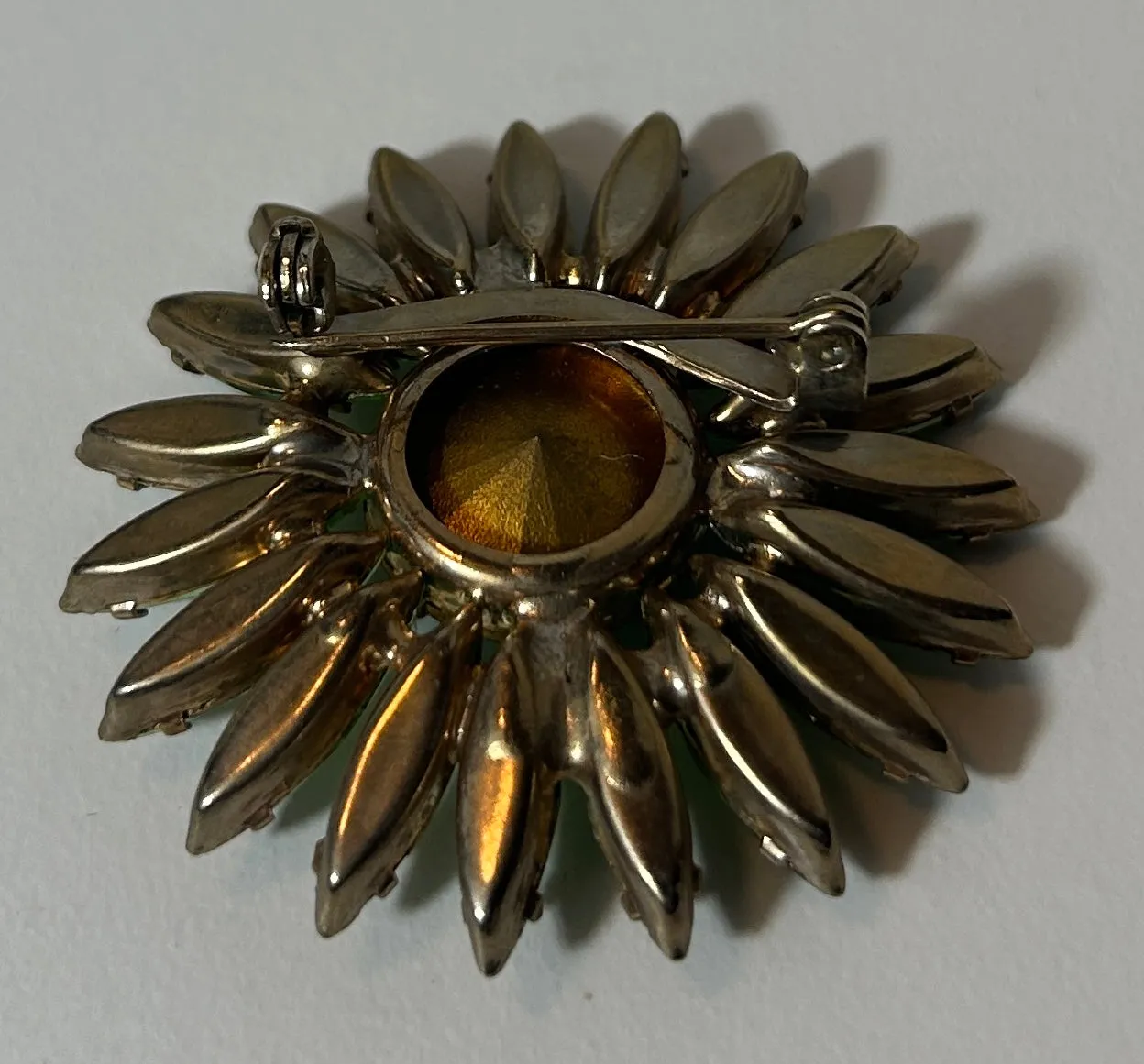 Vintage Green Rivoli & Marquise Rhinestone Sunburst Brooch