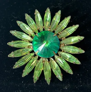Vintage Green Rivoli & Marquise Rhinestone Sunburst Brooch