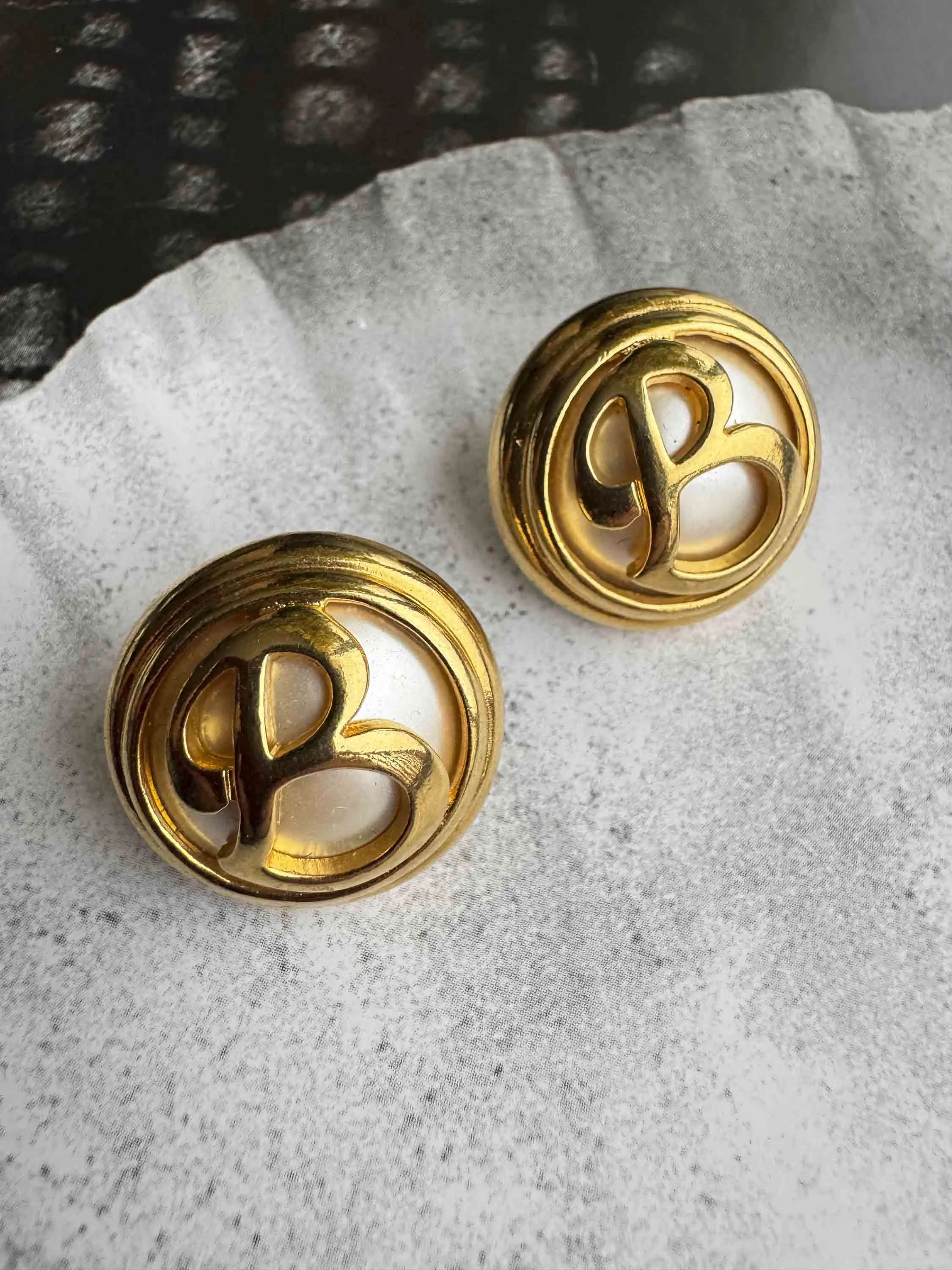 Vintage Monogrammed Gold & Pearl Earrings – Statement Elegance