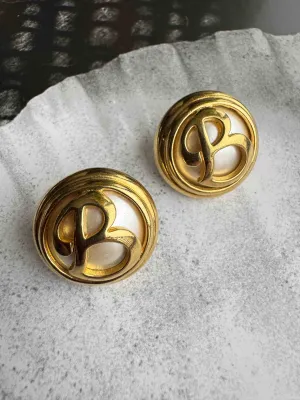 Vintage Monogrammed Gold & Pearl Earrings – Statement Elegance