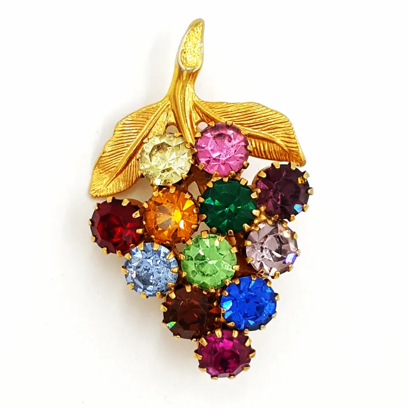 Vintage Rhinestone Rainbow Jewelry Lot Necklace Earrings and Grape Cluster Pin