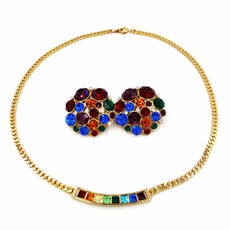 Vintage Rhinestone Rainbow Jewelry Lot Necklace Earrings and Grape Cluster Pin