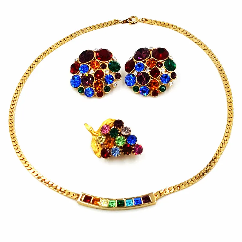Vintage Rhinestone Rainbow Jewelry Lot Necklace Earrings and Grape Cluster Pin