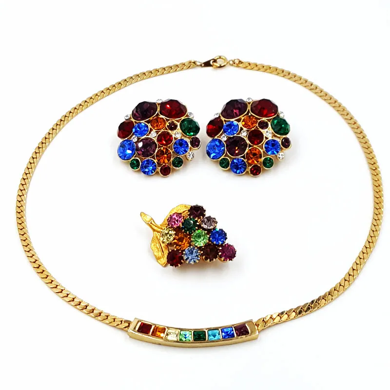 Vintage Rhinestone Rainbow Jewelry Lot Necklace Earrings and Grape Cluster Pin