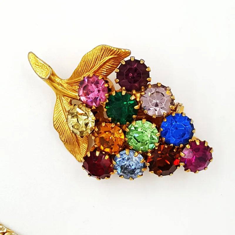 Vintage Rhinestone Rainbow Jewelry Lot Necklace Earrings and Grape Cluster Pin