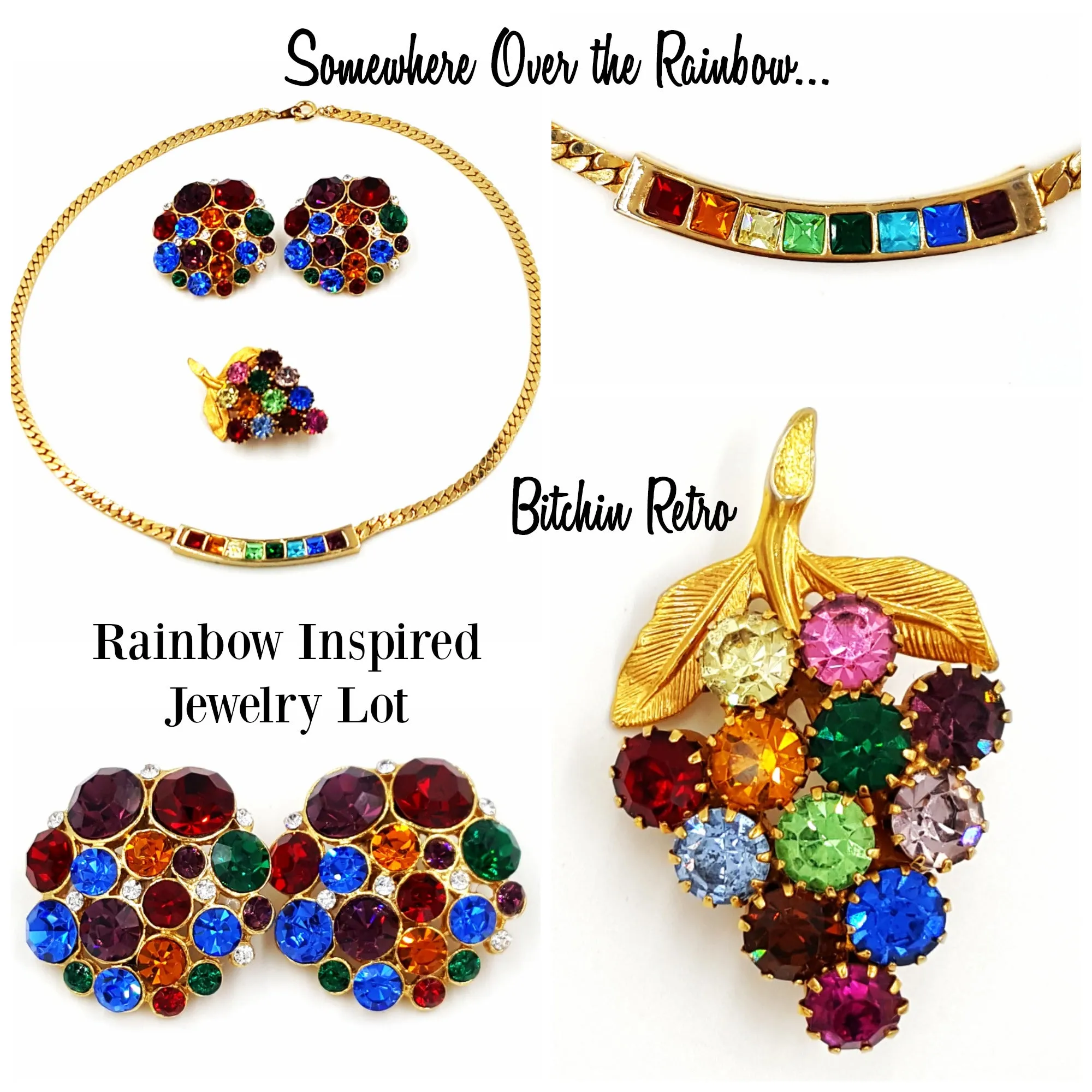 Vintage Rhinestone Rainbow Jewelry Lot Necklace Earrings and Grape Cluster Pin
