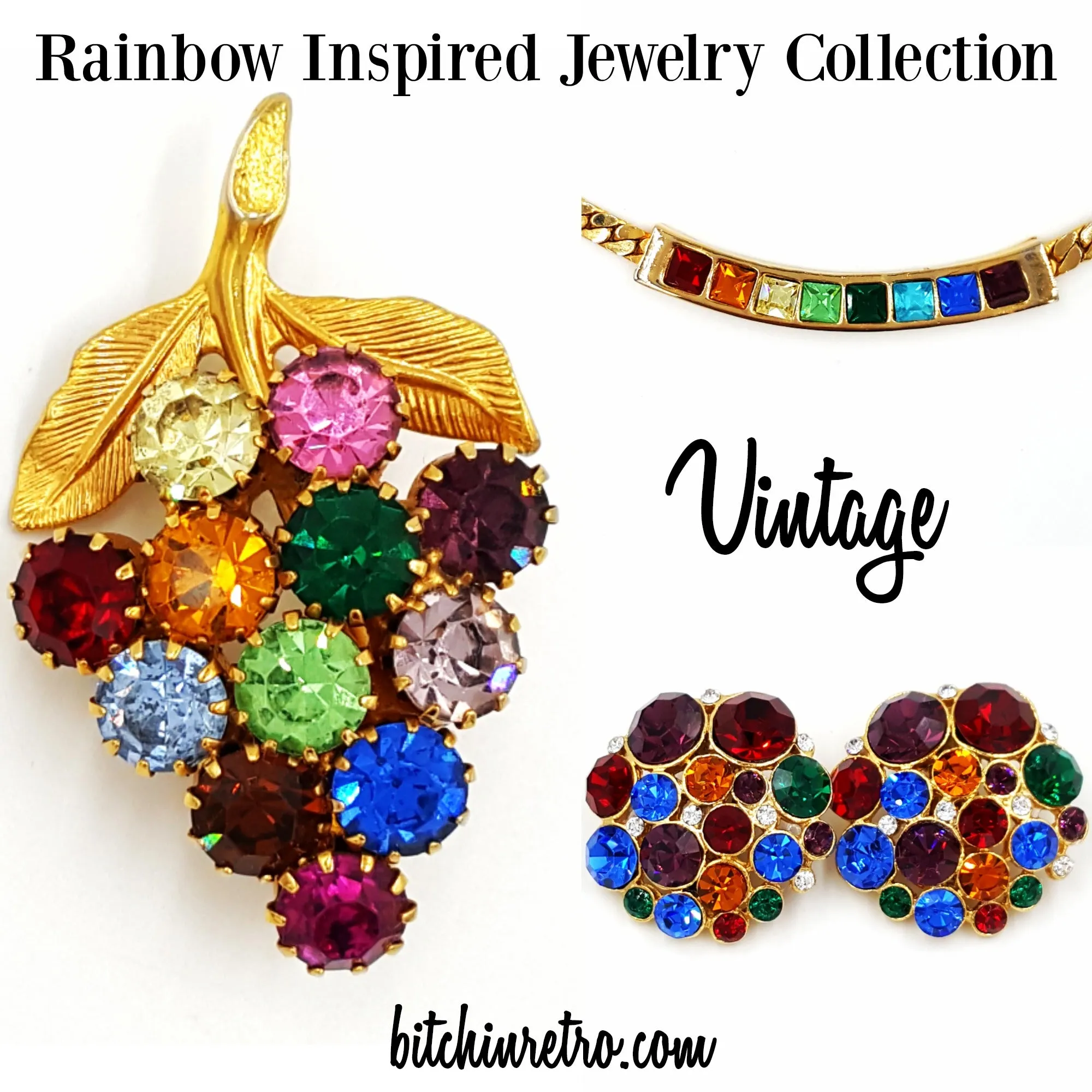 Vintage Rhinestone Rainbow Jewelry Lot Necklace Earrings and Grape Cluster Pin
