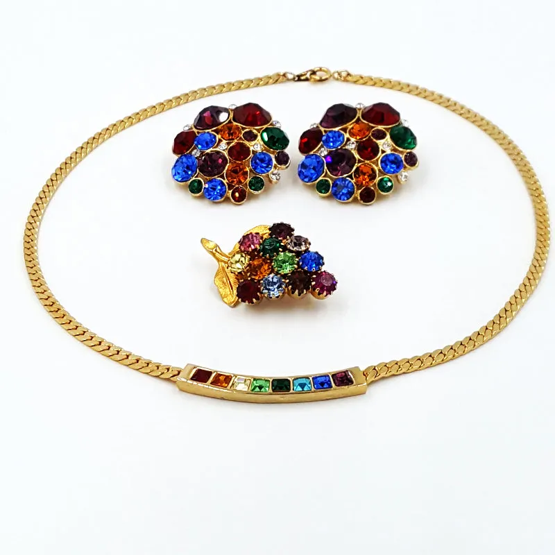 Vintage Rhinestone Rainbow Jewelry Lot Necklace Earrings and Grape Cluster Pin