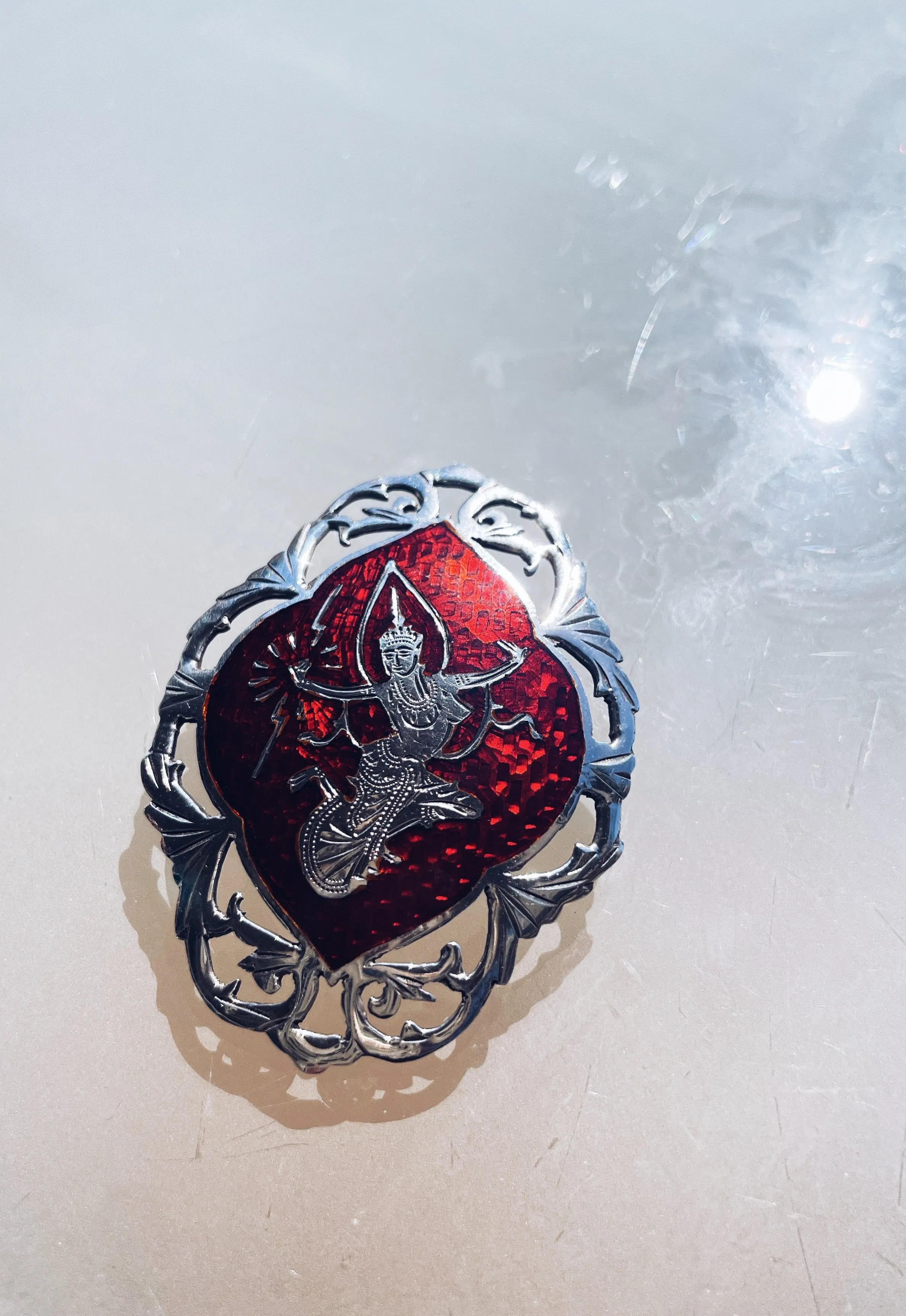 Vintage Siam Silver Brooch with Red Enamel