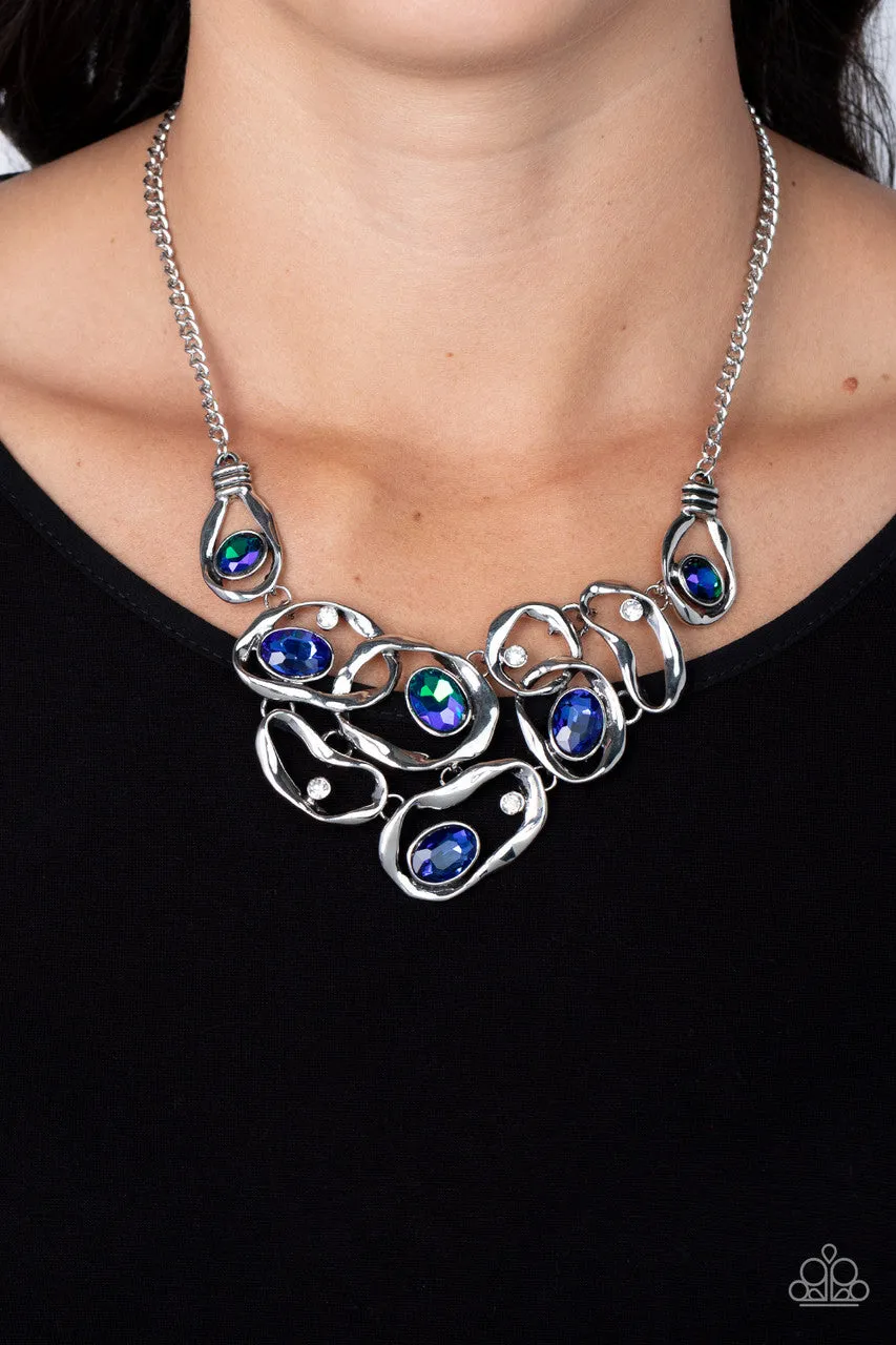 Warp Speed - Blue - Iridescent Gem Ribbon Paparazzi Short Statement Necklace