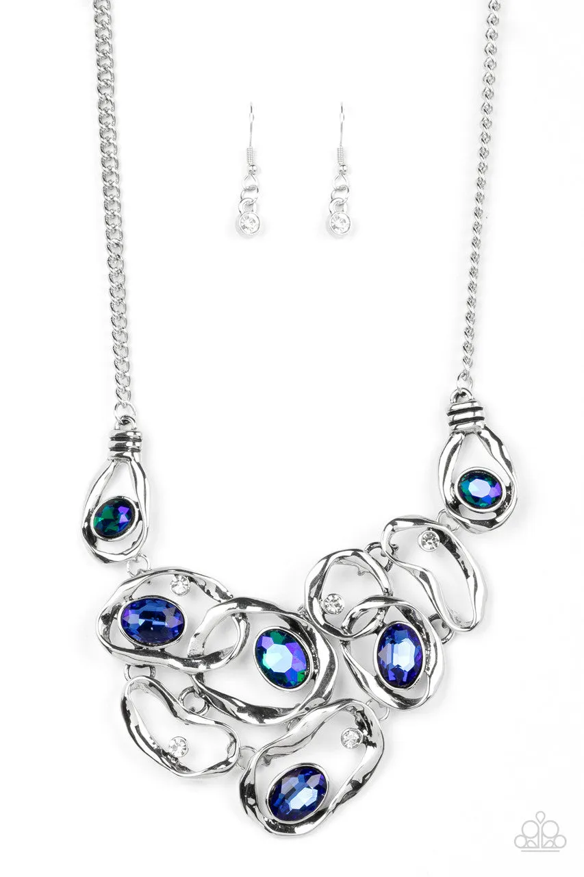 Warp Speed - Blue - Iridescent Gem Ribbon Paparazzi Short Statement Necklace