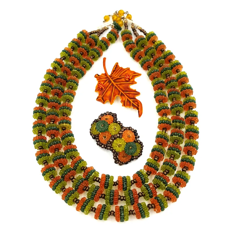 West Germany Vintage Necklace and Earring Set with Autumn Leaf Brooch