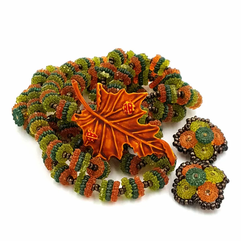 West Germany Vintage Necklace and Earring Set with Autumn Leaf Brooch