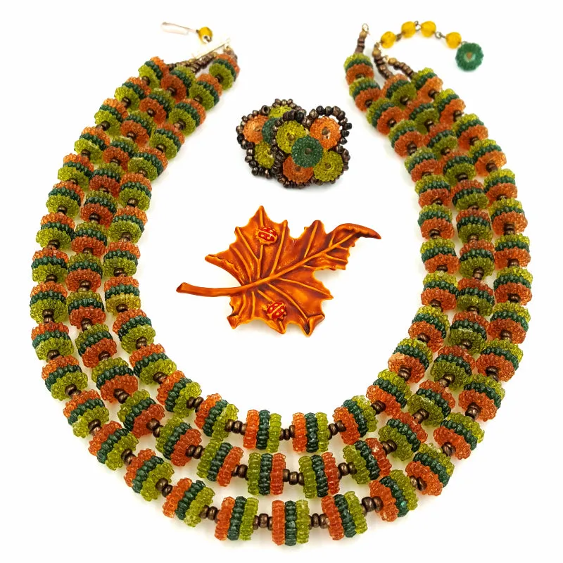 West Germany Vintage Necklace and Earring Set with Autumn Leaf Brooch