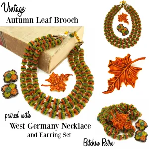 West Germany Vintage Necklace and Earring Set with Autumn Leaf Brooch