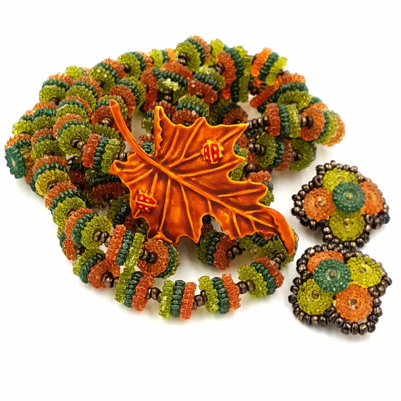 West Germany Vintage Necklace and Earring Set with Autumn Leaf Brooch