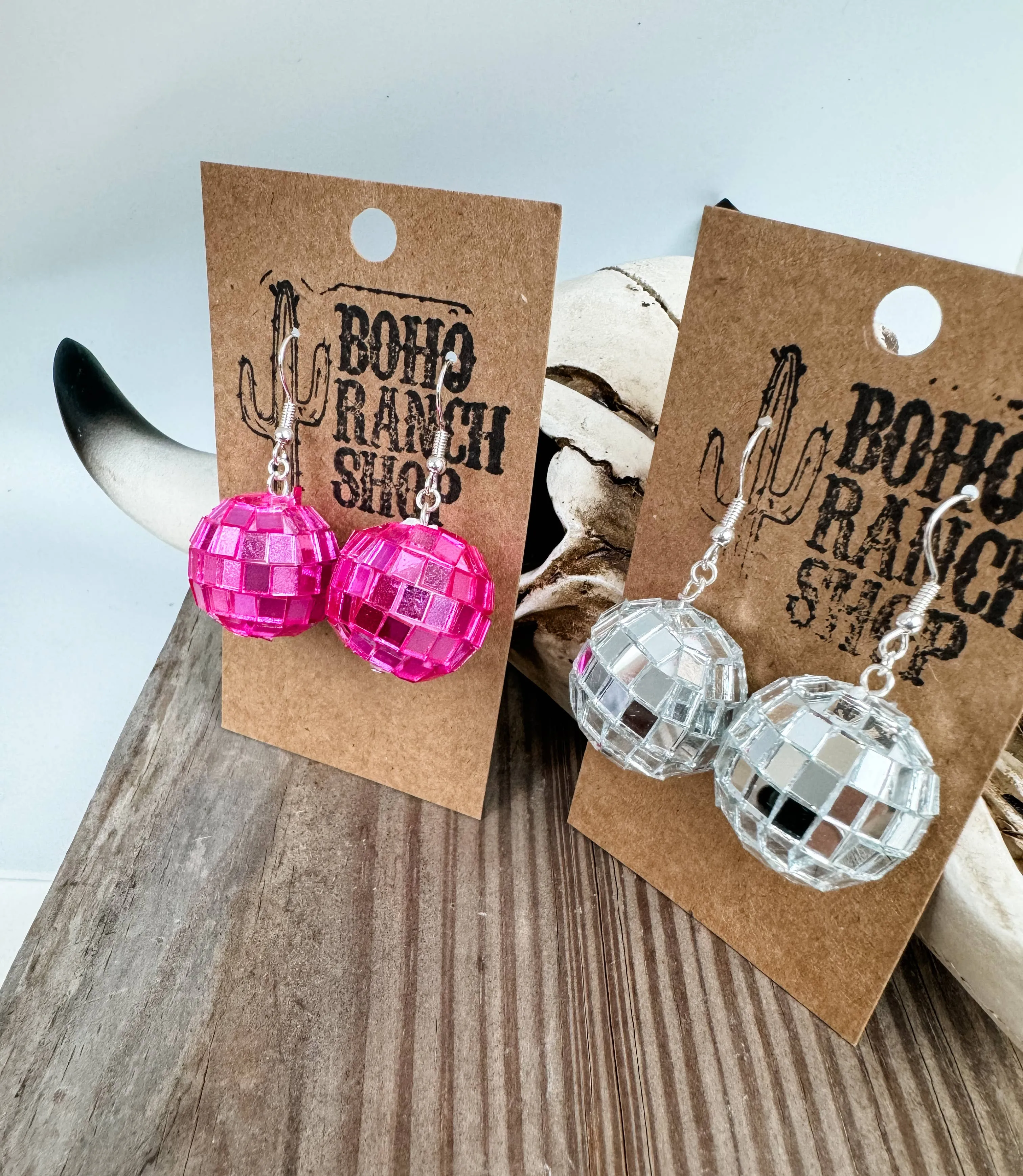 WESTERN DISCO BALL Mirror Dangle Earrings - pink or silver
