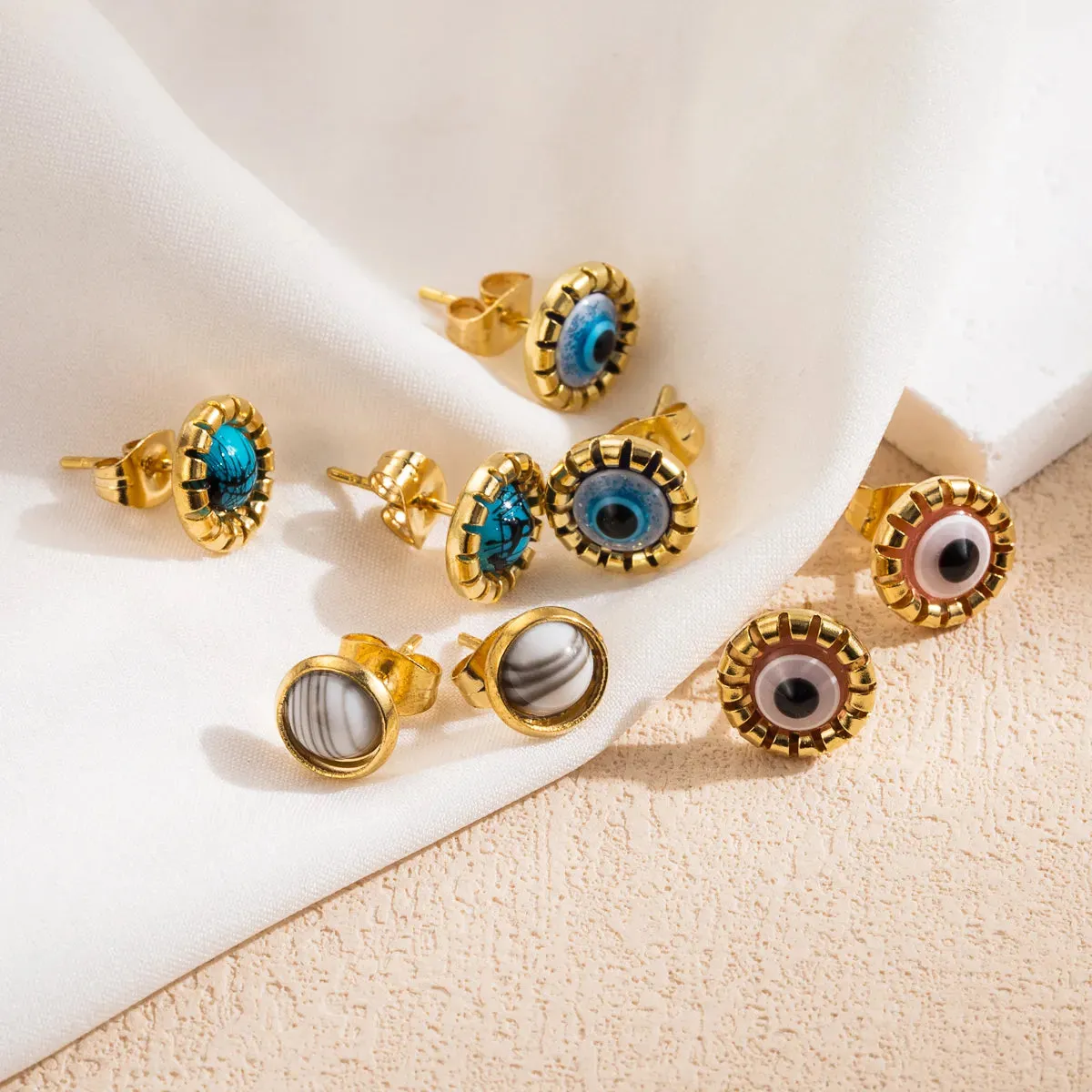 White Evil Eye Stainless Steel Ear Studs