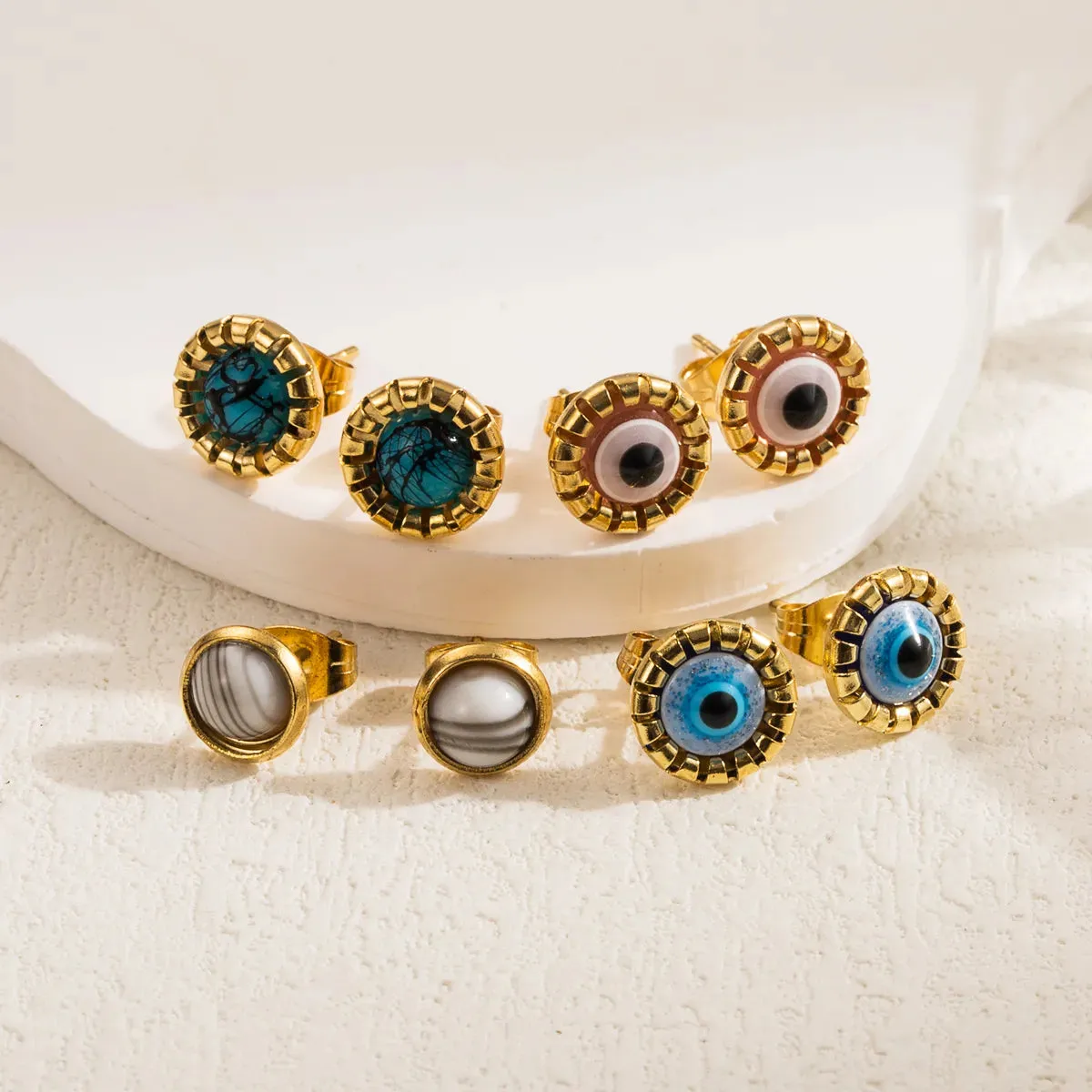 White Evil Eye Stainless Steel Ear Studs
