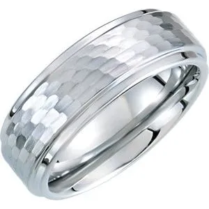 White Tungsten 8 mm Ridged Band with Bark Finish Size 12