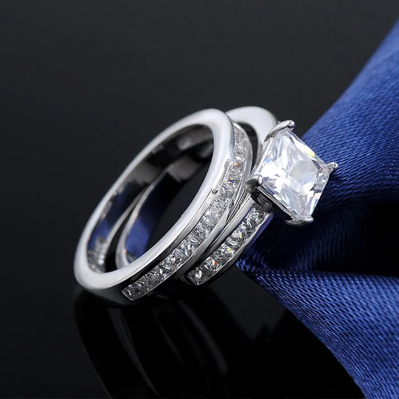 Woman Finger Ring Platinum Plated with 0.8 ct Princess Cut Cubic Zirconia Women Wedding Ring Set, 2 Piece/Set